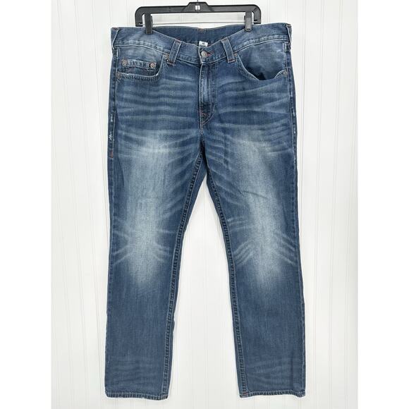 True Religion Jeans Mens 40x34 Section Straight Leg Blue Denim Distressed *Flaw - Picture 1 of 15